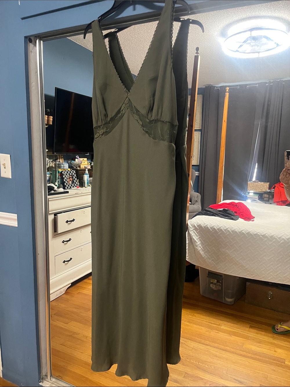 Olive Satin V-Neck Slip with Lace Trim dress
